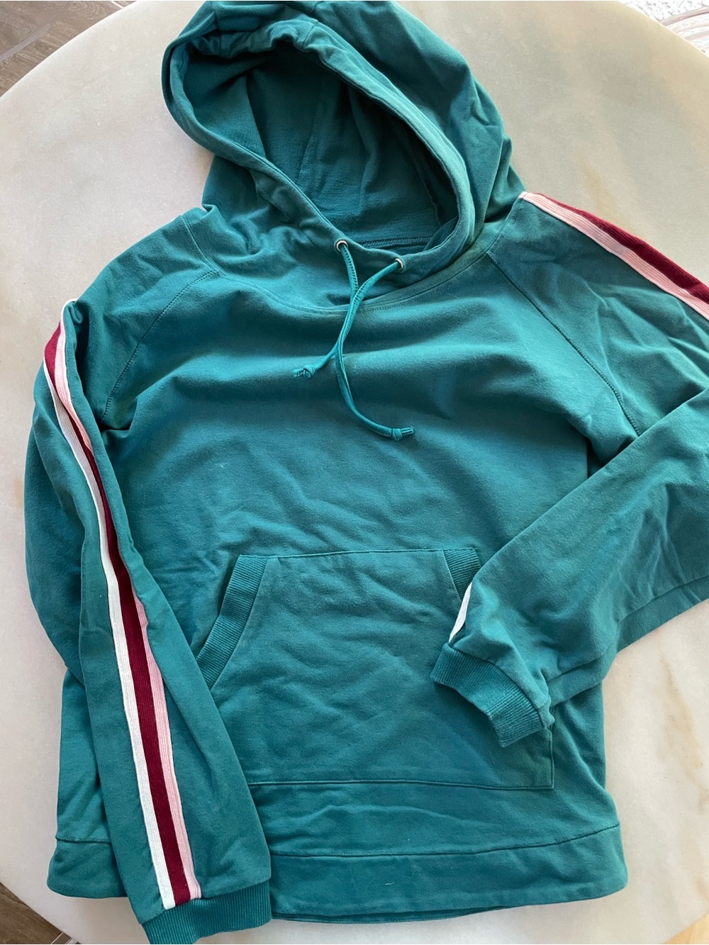 evy's tree Teal Hooded Sweatshirt with Burgundy & White Sleeve Stripes